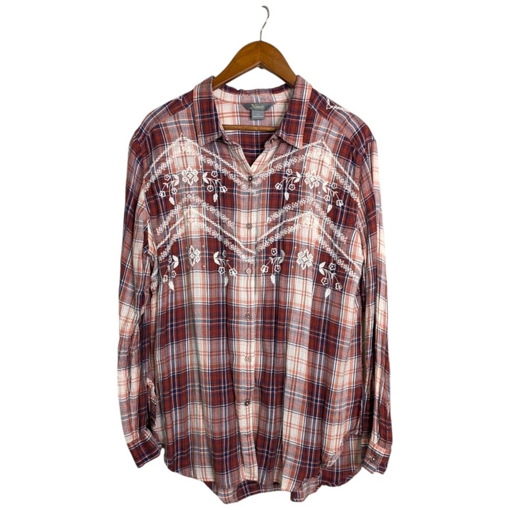 Natural Reflections Flannel Plaid Embroidered Top XL Red Cozy Cottagecore Retro